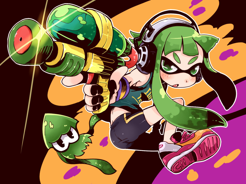 amagaeru_(hylathewet), green_eyes, green_hair, gun, headphones, highres, inkling, long_hair, nintendo, splatoon, squid, twintails, weapon
