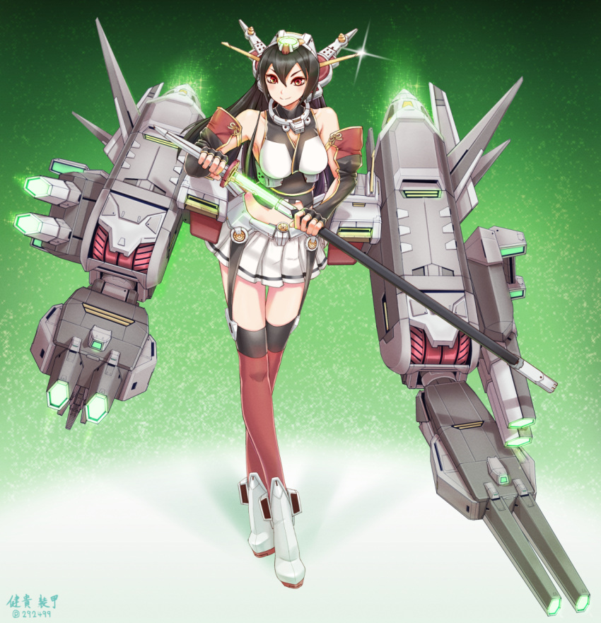 1girl, black_hair, blush, boots, cannon, elbow_gloves, energy_sword, fingerless_gloves, gloves, gundam, gundam_00, headgear, highres, ichiban_renga, kantai_collection, kikumon, long_hair, machinery, midriff, nagato_(kantai_collection), personification, pleated_skirt, red_eyes, scabbard, sheath, skirt, smile, solo, sword, thigh-highs, turret, unsheathing, weapon