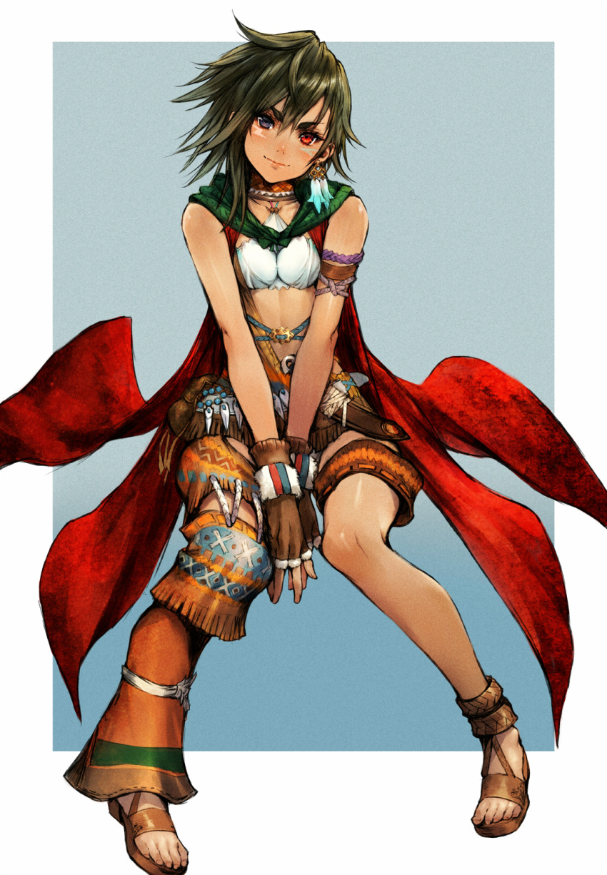 1girl, bangs, blue_eyes, blush, dark_skin, deed_(lord_of_vermilion_iii), earrings, facial_mark, feathers, fingerless_gloves, gloves, hair_between_eyes, heterochromia, highres, jewelry, lord_of_vermilion, lord_of_vermilion_iii, makimura_shunsuke, red_eyes, sandals, short_hair, smile, solo