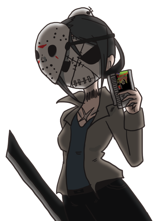 1girl, bun_cover, cosplay, friday_the_13th, game_cartridge, hair_bun, hockey_mask, jason_voorhees