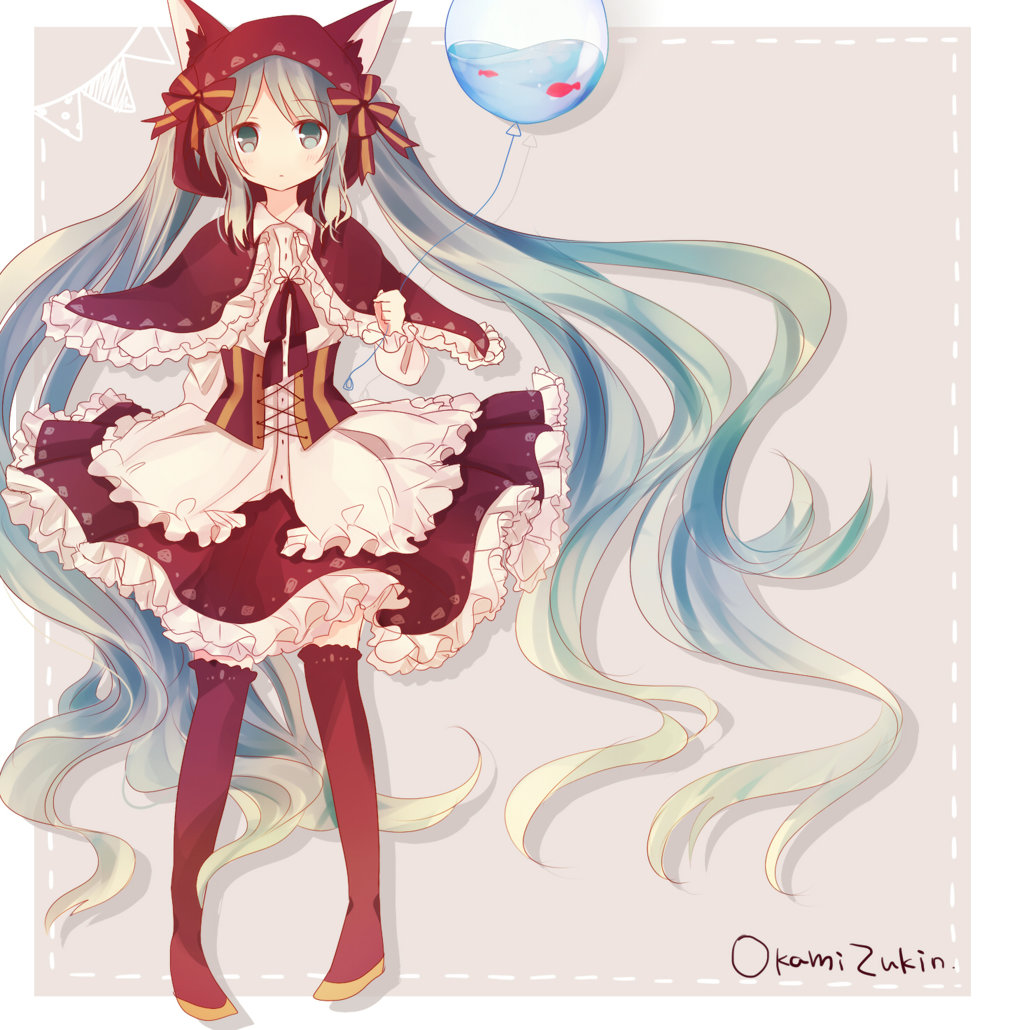 1girl, animal_hood, balloon, corset, dress, fish, green_eyes, green_hair