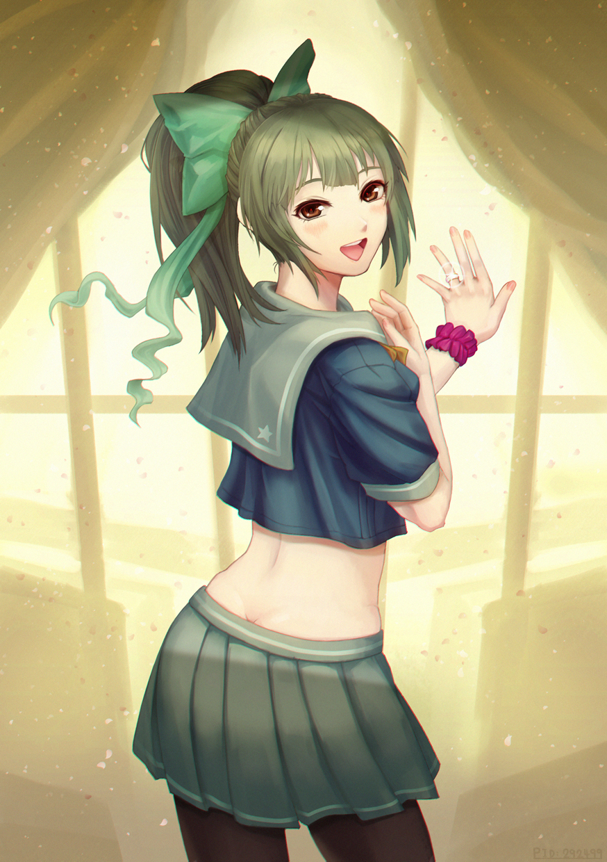 1girl, :d, black_legwear, bow, brown_eyes, green_hair, hair_bow, highres