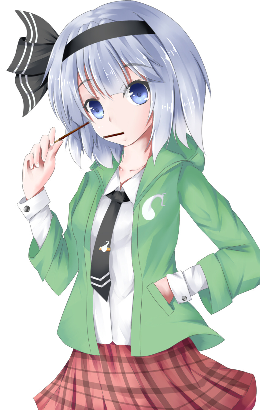 1girl, adapted_costume, alternate_costume, blue_eyes, bow, contemporary, eating, hair_bow, hand_in_pocket, highres, hoodie, konpaku_youmu, mero_(3445036), necktie, plaid, plaid_skirt, pocky, red_skirt, school_uniform, shirt, silver_hair, skirt, touhou, white_shirt