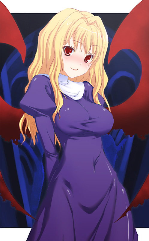 arms_behind, arms_behind_back, blonde_hair, blush, breasts, demon_girl, large_breasts, long_hair, nun, original, red_eyes, smile, solo, wings