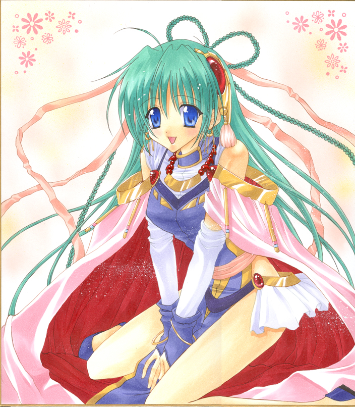 1girl, arm_warmers, blue_eyes, braid, can_can_bunny, cape, green_hair, jewelry