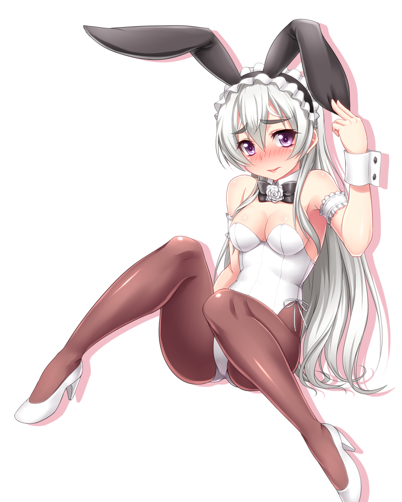1girl, animal_ears, arm_garter, bare_shoulders, blush, bowtie, breasts, bunnysuit