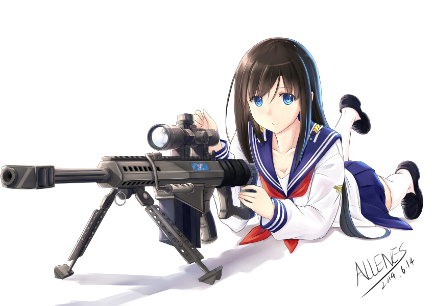 1girl, absurdres, barrett_m107, black_hair, blue_eyes, gun, highres, long_hair, lying, on_stomach, original, rifle, school_uniform, serafuku, shoes, skirt, smile, sniper_rifle, solo, weapon, white_background