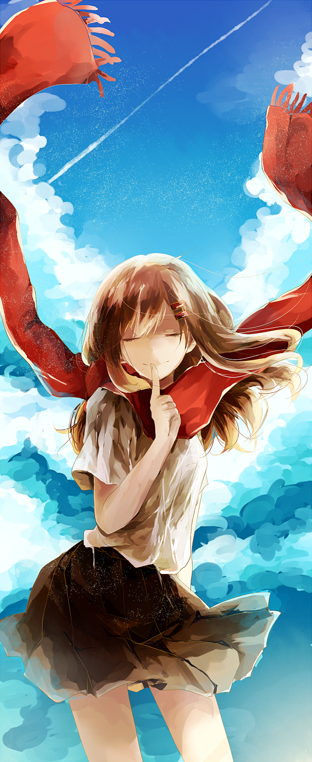 1girl, blue_sky, brown_hair, closed_eyes, finger_to_mouth, hair_ornament, hairclip, highres