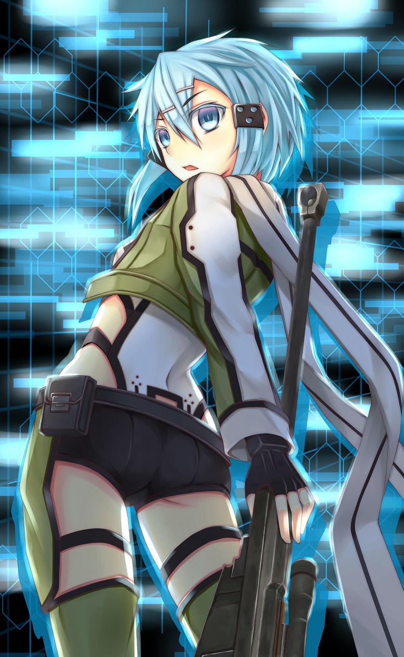 1girl, anti-materiel_rifle, blue_eyes, blue_hair, fingerless_gloves, gloves, gun, highres