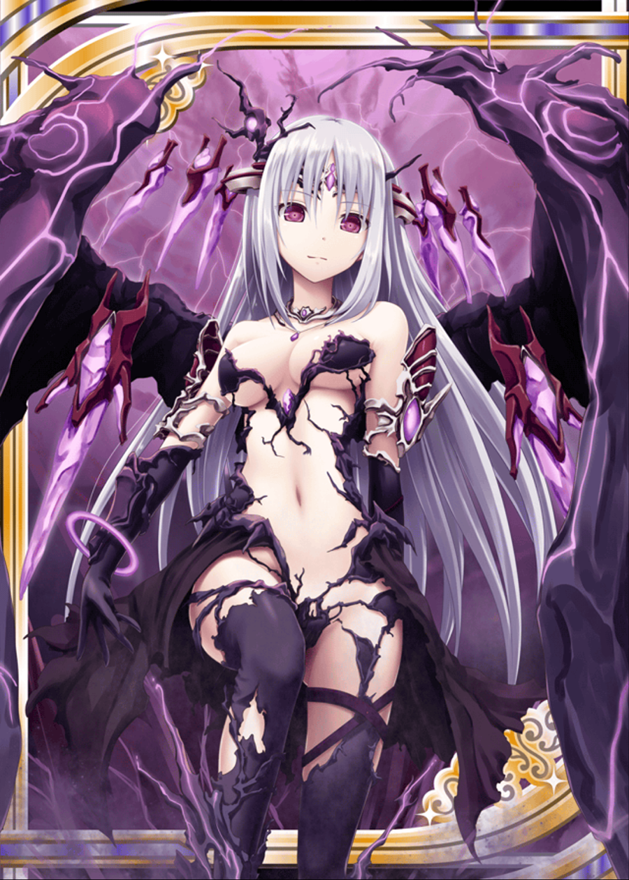 akkijin, chaos_(shinkai_no_valkyrie), gloves, grey_hair, highres, shinkai_no_valkyrie, tagme, thigh-highs, violet_eyes, wings