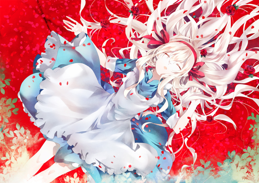 1girl, blonde_hair, closed_eyes, dress, flower, kagerou_project, kama_ri, kozakura_mary, long_hair, lying, petals, rose