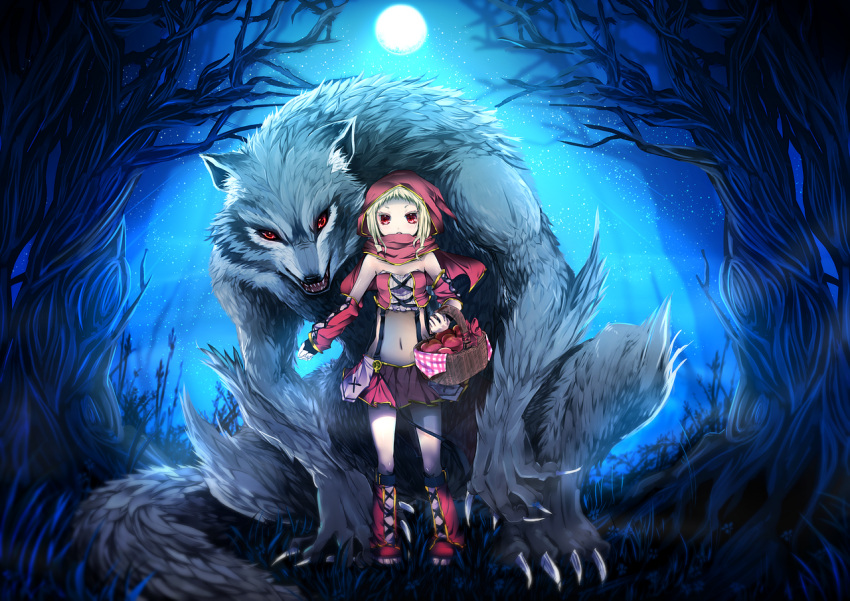 1boy, 1girl, apple, basket, big_bad_wolf_(grimm), blonde_hair, claws, food, fruit, grimm's_fairy_tales, hood, little_red_riding_hood, little_red_riding_hood_(grimm), looking_at_viewer, luluseason, midriff, moon, night, red_eyes, skirt, solo, tree, wolf
