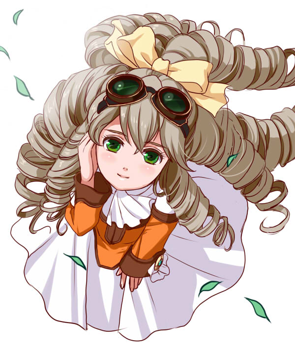 1girl, drill_hair, goggles, goggles_on_head, green_eyes, grey_hair, hair_ribbon, maria_balthasar, maronee_san, ribbon, solo, xenogears