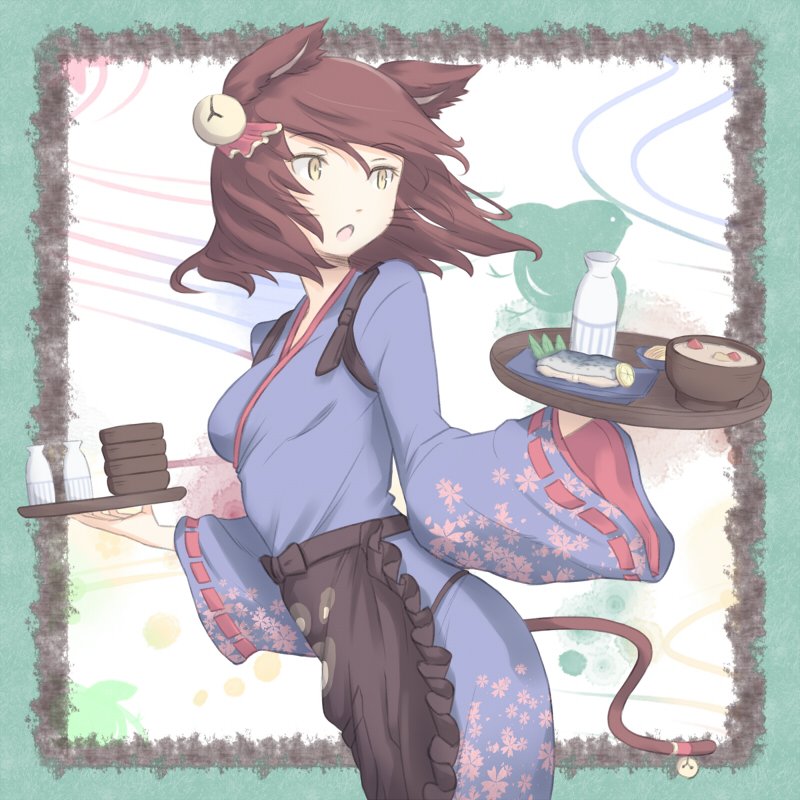 1girl, animal_ears, bell, cat_tail, food, itafukasu, looking_back, original