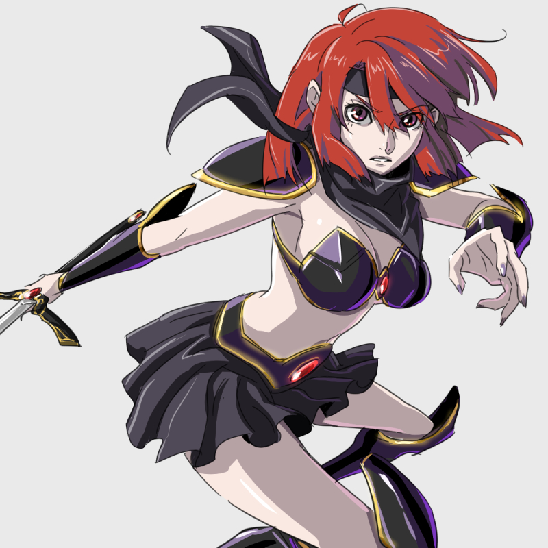 1girl, armor, bikini_armor, black_skirt, boots, grey_background, headband, kirishima_reiko, knee_boots, mugen_senshi_valis, red_eyes, redhead, scarf, serious, short_hair, skirt, solo, sword, weapon, yazwo