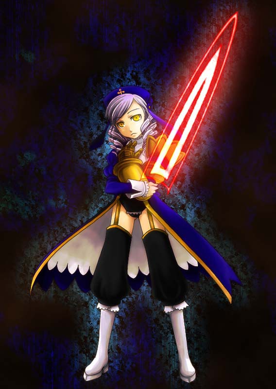 :<, dlanor_a_knox, dress, drill_hair, eiserne_jungfrau, garters, gauntlets, hat, lavender_hair, misumikouji, purple_hair, sword, thigh-highs, umineko_no_naku_koro_ni, yellow_eyes