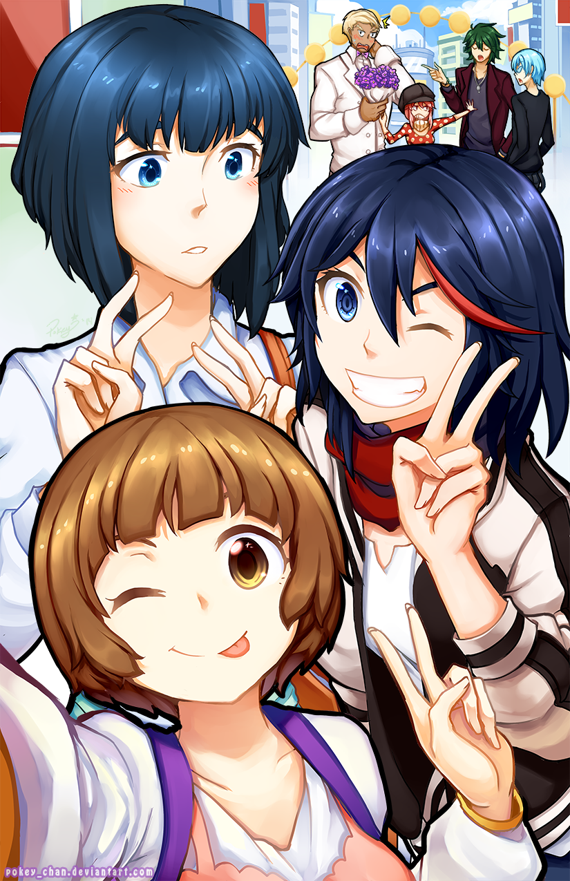 blue_eyes, casual, gamagoori_ira, hat, highres, inumuta_houka, jakuzure_nonon, kill_la_kill, kiryuuin_satsuki, mankanshoku_mako, matoi_ryuuko, multicolored_hair, multiple_girls, pokey, sanageyama_uzu, short_hair, two-tone_hair, v