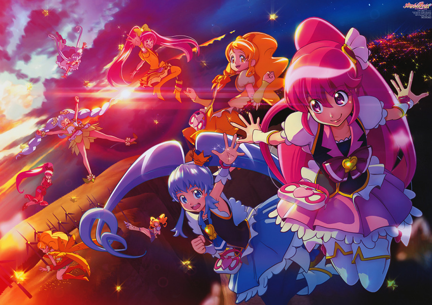 3d, 6+girls, aino_megumi, alternate_form, blonde_hair, blue_eyes, blue_hair, blue_skirt, boots, bow, cherry_flamenco, coconut_samba, crown, cure_honey, cure_lovely, cure_princess, earrings, flying, hair_ornament, happinesscharge_precure!, heart_hair_ornament, jewelry, lollipop_hip_hop, long_hair, macadamia_hula_dance, magical_girl, mini_crown, miyamoto_hiroshi, multiple_girls, official_art, oomori_yuuko, open_mouth, pink_eyes, pink_hair, ponytail, popcorn_cheer, precure, sherbet_ballet, shirayuki_hime, skirt, smile, thigh-highs, thigh_boots, twintails, waving, wrist_cuffs, yellow_eyes