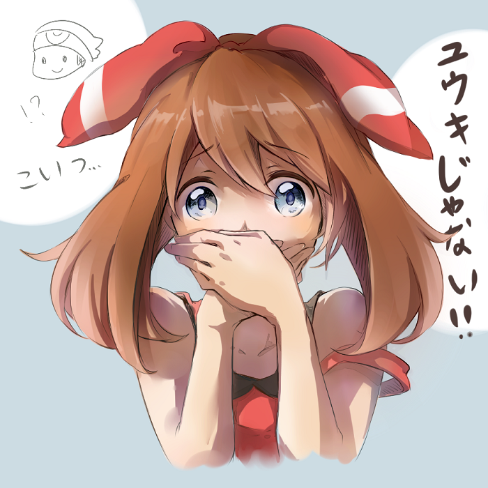 bandana, bare_shoulders, blue_eyes, brown_hair, haruka_(pokemon), pokemon, pokemon_oras, shiro_azarashi, strap_slip, yuuki_(pokemon)