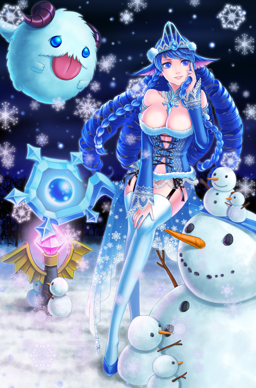 1girl, absurdres, animal_ears, bare_shoulders, blue_dress, blue_eyes, blue_hair, blue_legwear