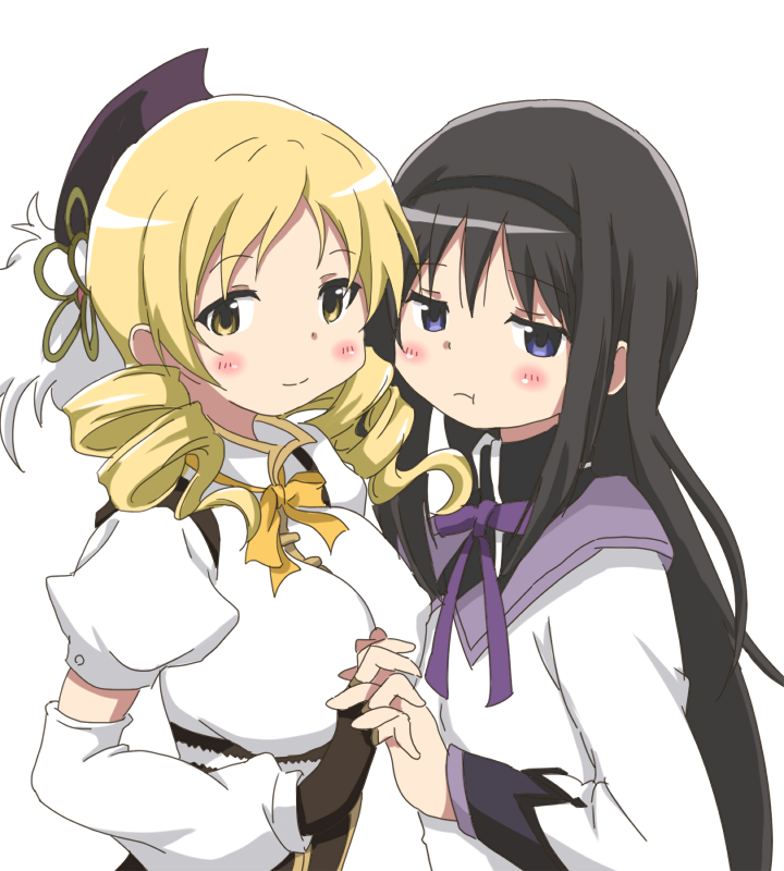:t, akemi_homura, asymmetrical_docking, beret, black_hair, blonde_hair, breast_press, corset
