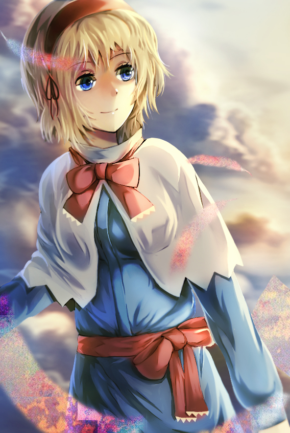 alice_margatroid, blonde_hair, blue_dress, blue_eyes, bow, clouds, dress, hou_akira