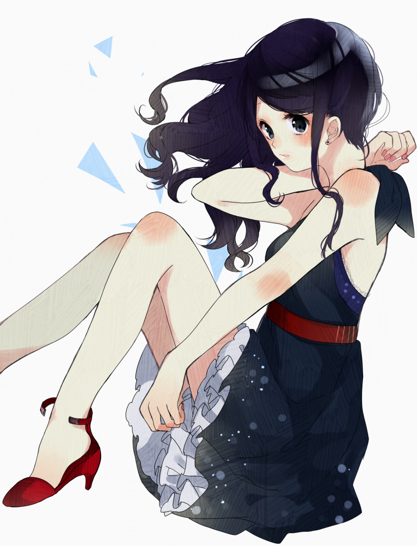 1girl, bangs, belt, black_dress, black_eyes, black_hair, blush, bra, dress, earrings, frilled_dress, frills, highres, jewelry, lingmuzi, long_hair, nail_polish, open_shoes, original, parted_bangs, payot, underwear
