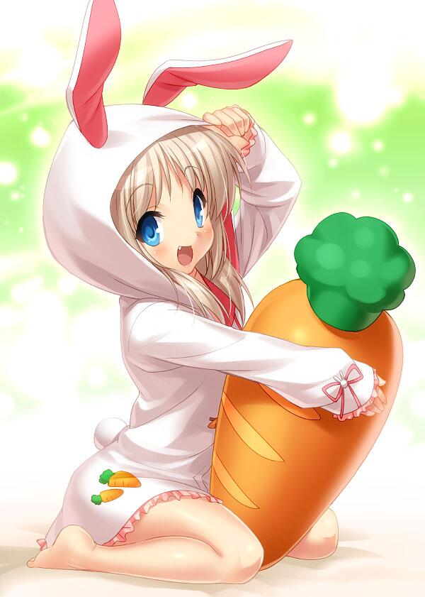 1girl, animal_costume, animal_ears, animal_hood, barefoot, blonde_hair, blue_eyes, bunny_costume
