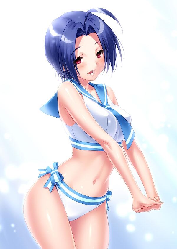 1girl, blue_hair, idolmaster, miura_azusa, necktie, red_eyes, sailor_bikini, sailor_collar