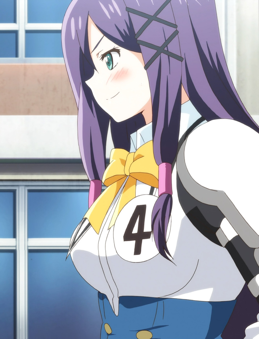 blush, green_eyes, highres, kanojo_ga_flag_wo_oraretara, long_hair, purple_hair, screencap, seiteikouji_mimori, side_view