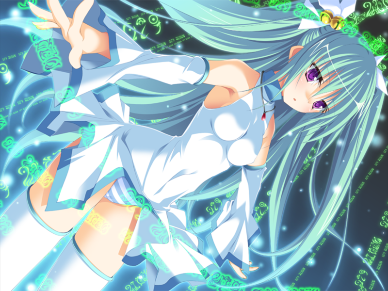 bell, detached_sleeves, ezekiel, game_cg, green_hair, hisatake, osananajimi_wa_daitouryou, panties