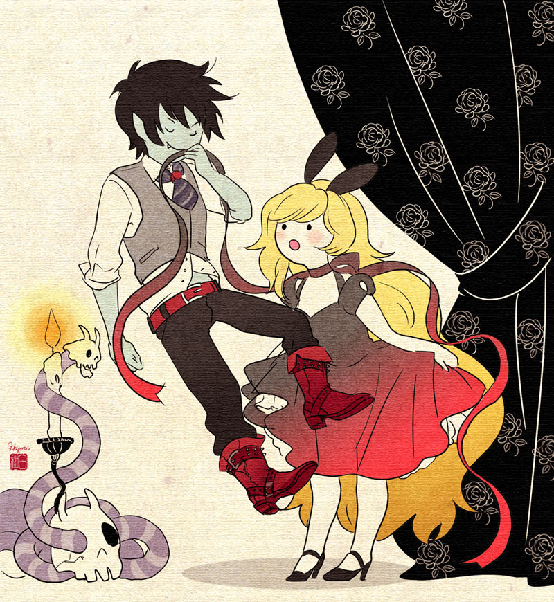 1boy, 1girl, adventure_time, alternate_costume, animal_ears, blonde_hair, blush, dress