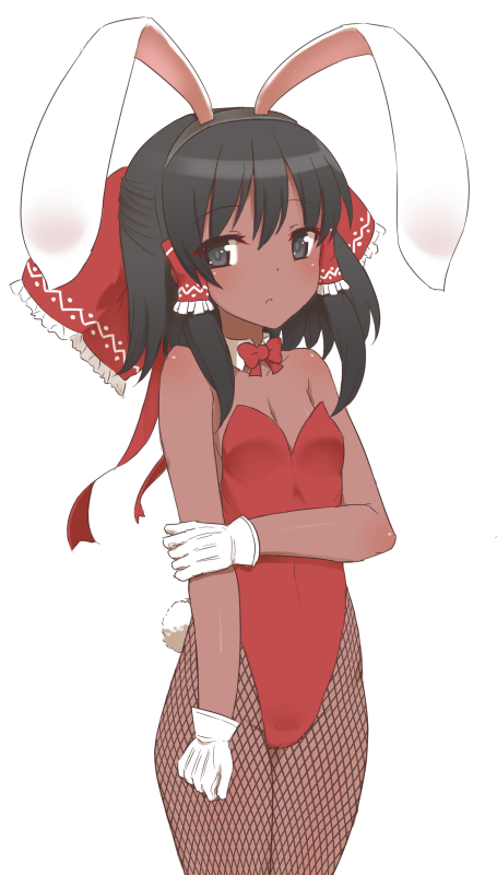 1girl, alternate_skin_color, animal_ears, black_eyes, black_hair, bow, bunnysuit, dark_skin