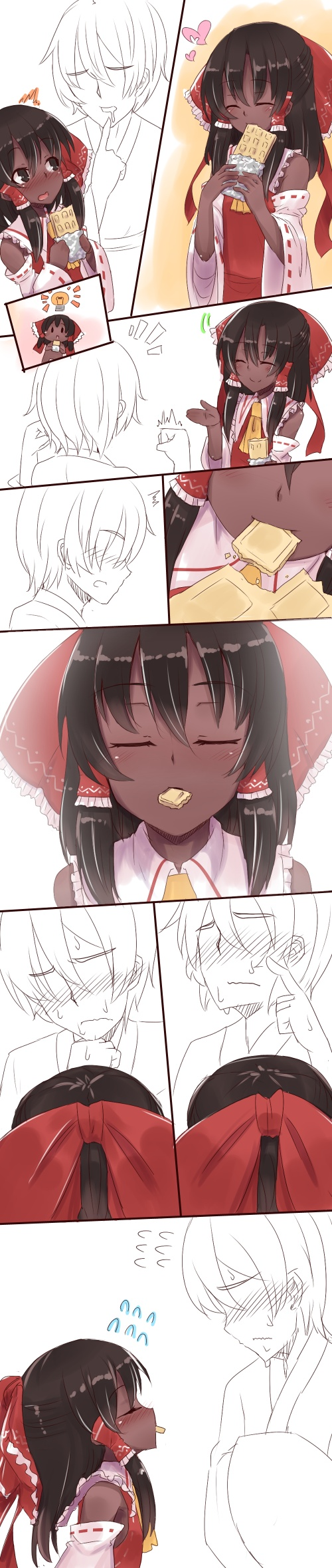 1boy, 1girl, alternate_skin_color, black_eyes, black_hair, blush, bow, dark_skin