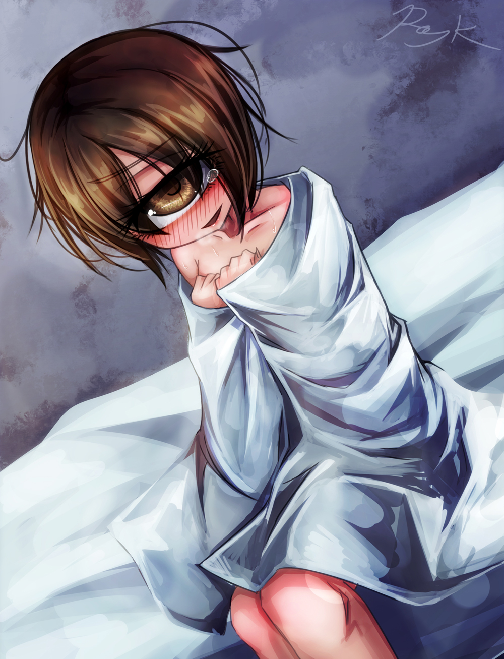 1girl, bed_sheet, blush, brown_eyes, brown_hair, cyclops, hands_on_own_chest, highres, hitomebore, looking_at_viewer, monster_girl, naked_sheet, on_bed, one-eyed, ray-k, short_hair, signature, sitting, solo, sweat, tears, usui_sachi