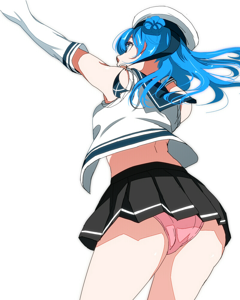 1girl, ass, black_skirt, blue_hair, elbow_gloves, gloves, hat, kantai_collection