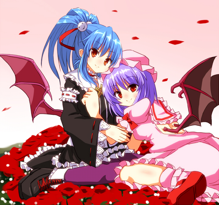 2girls, alwen_du_moonbria, bat_wings, black_dress, blue_hair, cross-laced_footwear, crossover, dress
