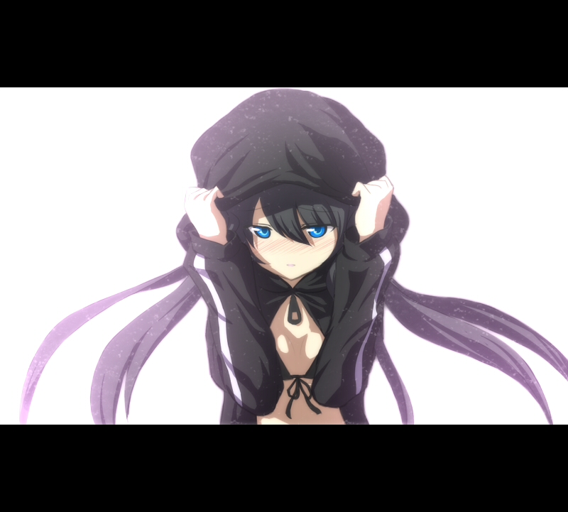 bad_id, bikini_top, black_hair, black_rock_shooter, black_rock_shooter_(character), black_rock_shooter_(cosplay), blue_eyes, blush