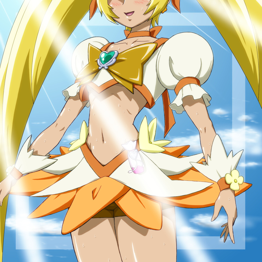 1girl, bike_shorts, blonde_hair, blush, choker, cure_sunshine, heartcatch_precure!, highres
