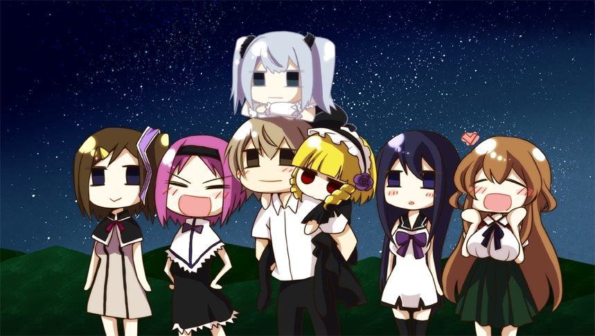 1boy, chibi, doubun, gokukoku_no_brynhildr, kazumi_schlierenzauer, kuroha_neko, multiple_girls, murakami_ryouta