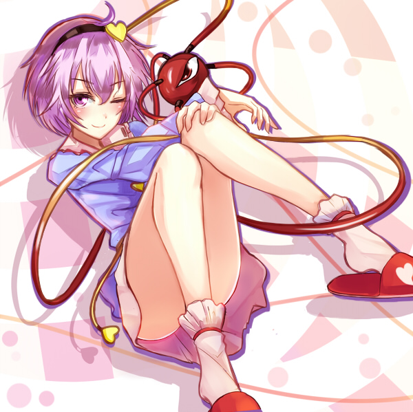 1girl, blush, hairband, komeiji_satori, one_eye_closed, pink_eyes, pink_hair, short_hair