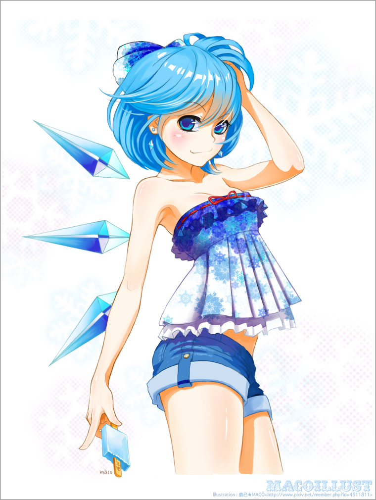 1girl, alternate_costume, bare_shoulders, blue_eyes, blue_hair, bow, cirno, collarbone