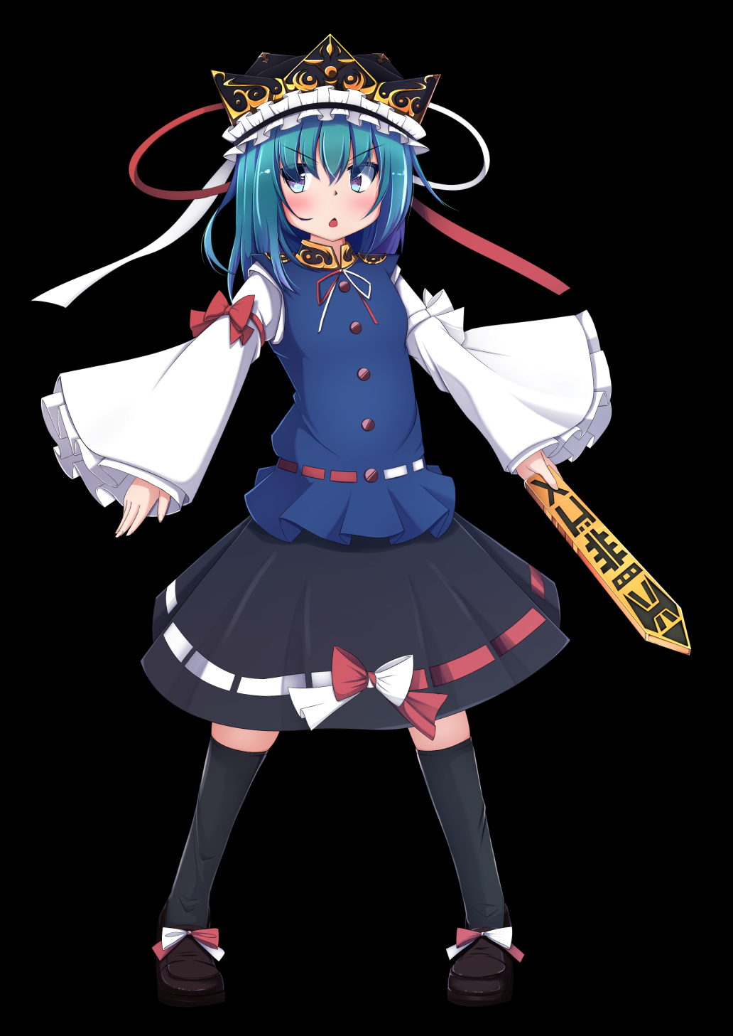 1girl, black_background, black_legwear, blue_eyes, green_hair, haruto_(hirokazu1001), hat, hat_ribbon