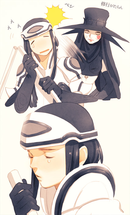 1girl, black_hair, cape, crying, cu_chulainn_(megami_tensei), hat, long_hair, polearm