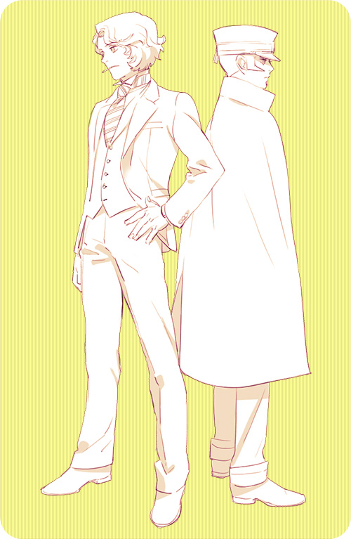 2boys, devil_summoner, hat, kuzunoha_raidou, monochrome, multiple_boys, narumi_shouhei, shako_cap