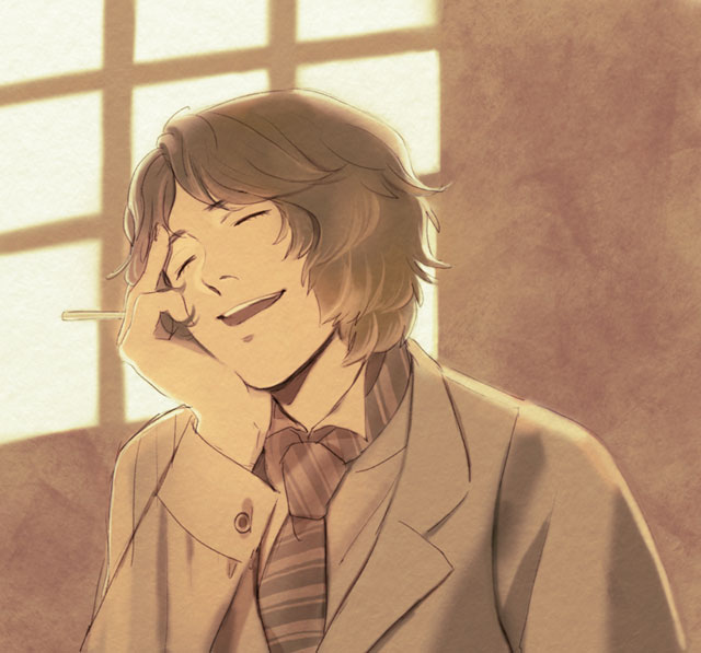 1boy, cigarette, devil_summoner, monochrome, narumi_shouhei, necktie, sepia, solo