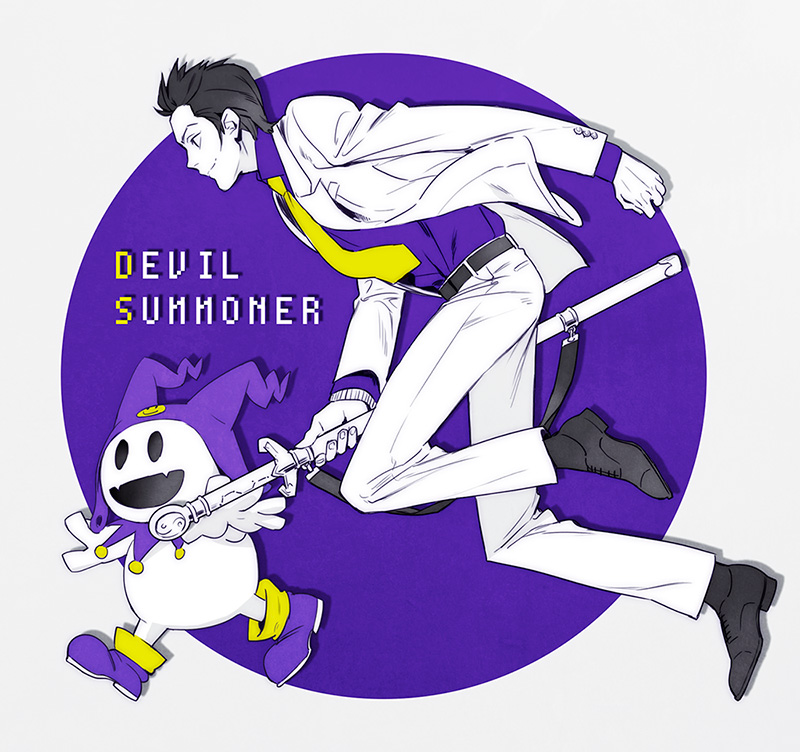 1boy, black_hair, devil_summoner, formal, jack_frost, kuzunoha_kyouji, necktie, sheath