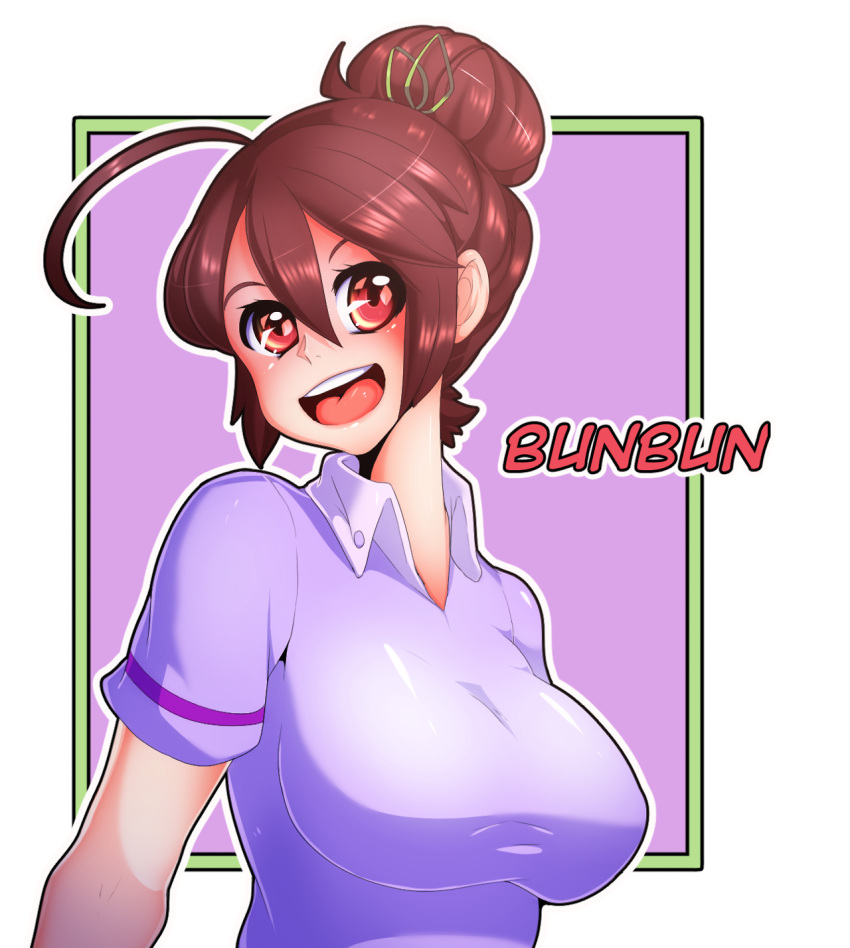 1girl, ahoge, breasts, brown_hair, bun_bun_(neocoill), character_name, commentary, hair_bun, hair_ornament, highres, large_breasts, norobotic, open_mouth, original, outline, smile, solo