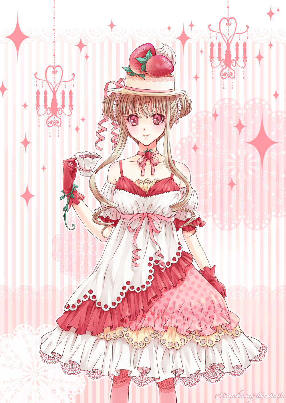 1girl, brown_hair, choker, cup, double_bun, dress, food, food_themed_clothes