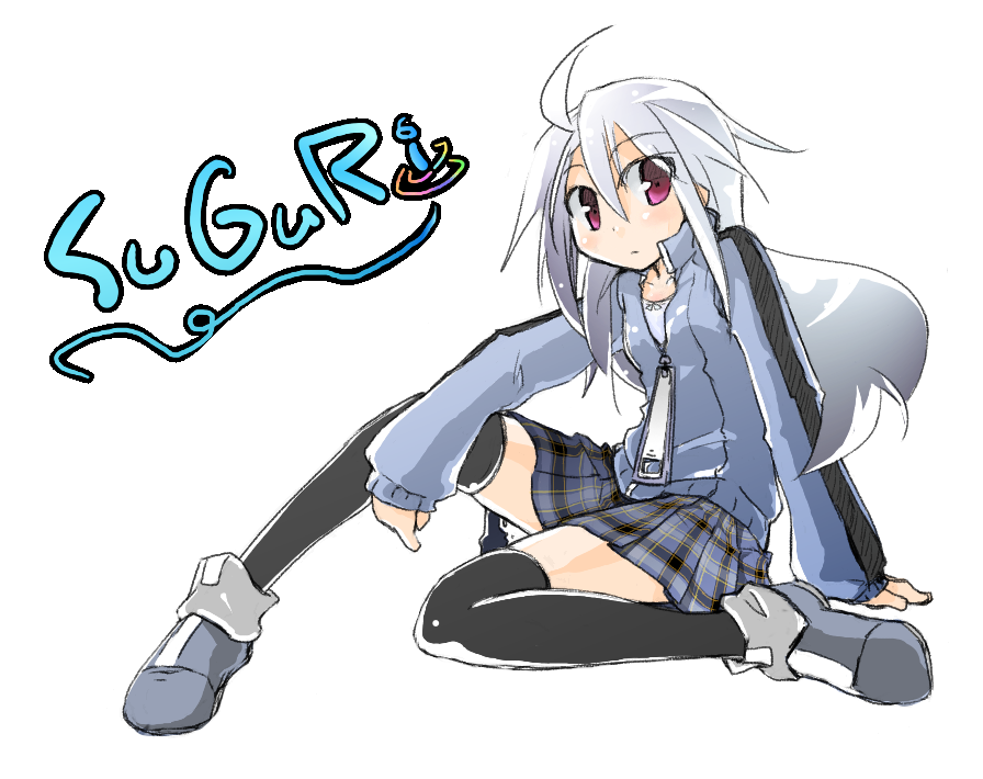 fuka_(pixiv94051), jacket, long_hair, plaid, red_eyes, silver_hair, suguri, suguri_(character), suguri_(game), tartan, thigh-highs, thighhighs, zettai_ryouiki, zipper